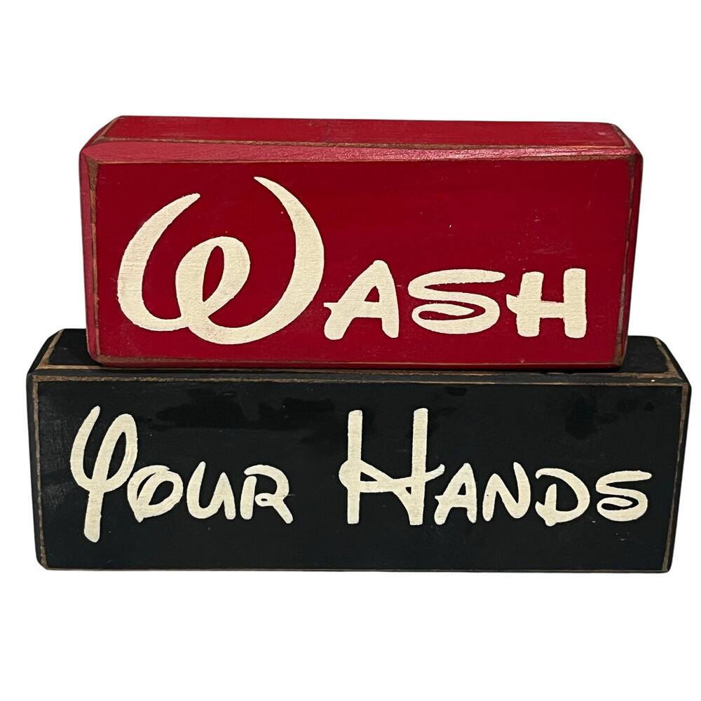Disney Font Style Wash Your Hands 2 Pc Wooden Block Sign Bathroom Shelf Decor